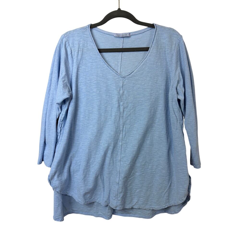 Cut Loose Blue V-Neck 3/4 Sleeve High Low Cotton Blend Tunic Top Size L
